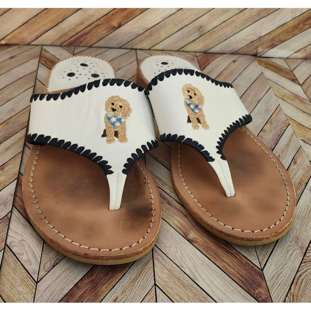 Women Jack Rogers Puppy Dog White Navy Blue Thong Flip Flop Sandals Size 7.5 M
